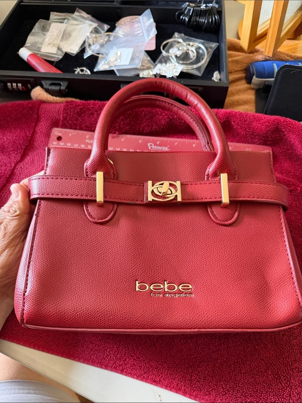 bebe Red Pebbled Top-Handle Satchel with Gold Hardware